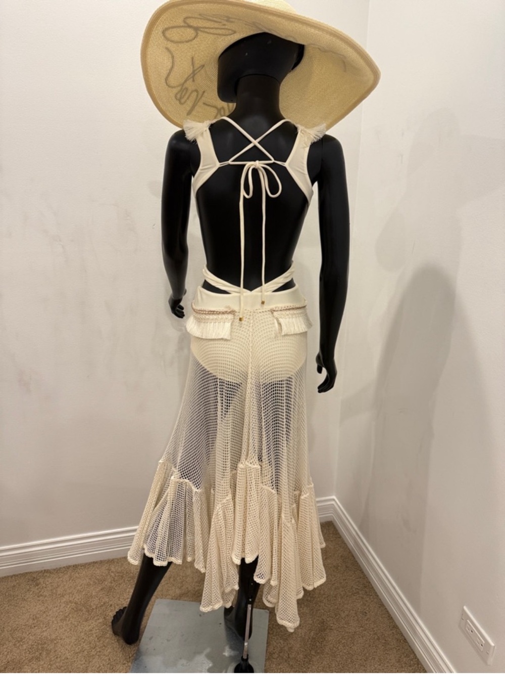 PatBO Ivory Fringe Crochet Cutout Maxi Dress | Resort Beach Goddess | S - Picture 9 of 12